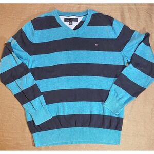 Tommy Hilfiger Mens Blue Black‎ Striped V Neck Cotton Sweater Size M